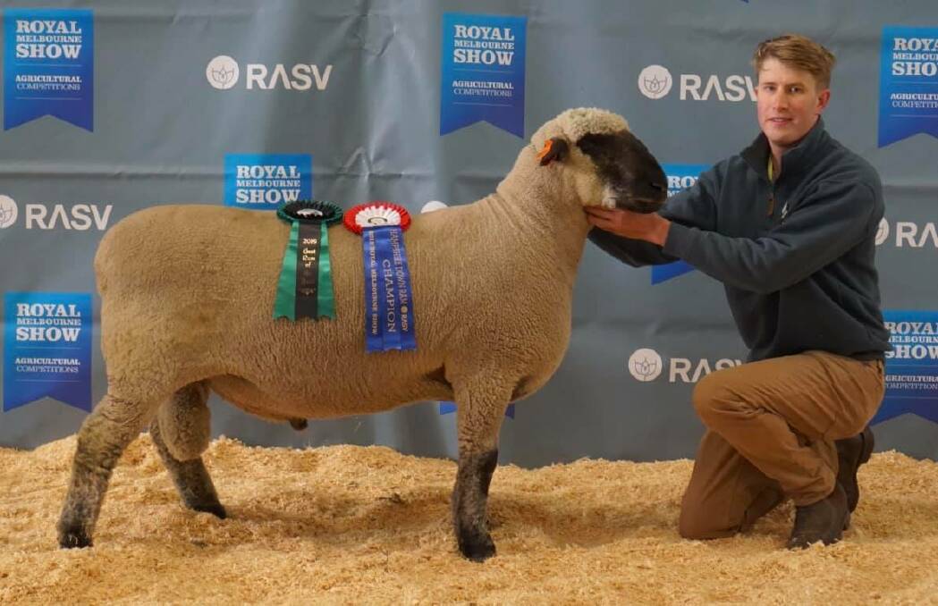 Aurora Park and Burrandool Studs owner Matt Hill with his champion ram at the Royal Melbourne Show. The ram was awarded champion ram and ram of the year. 