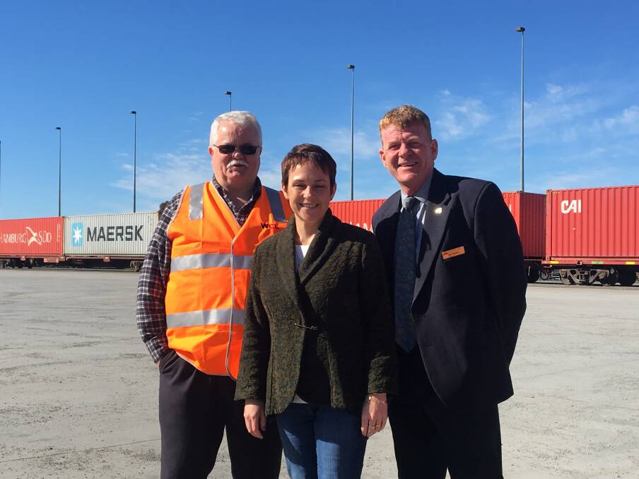Minister for Agriculture Jaala Pulford with Wimmera Container Line manager Tim Guidera and Horsham Rural City councillor Mark Radford in August this year.