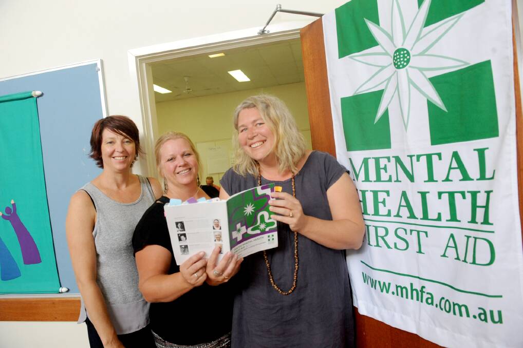 Wimmera Primary Care Partnership's Lissy Johns, Volunteering Western Victoria's Marieke Dam and Grampians Community Health's Libby Blackmore at the first mental health first aid training course in Horsham on Tuesday. Picture: SAMANTHA CAMARRI