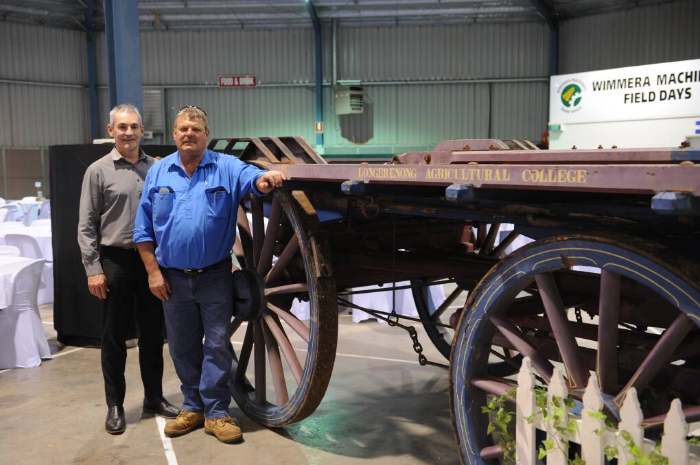 Longerenong College general manager John Goldsmith with Peter Thamm who donated the wagon to the college in the 1980s.