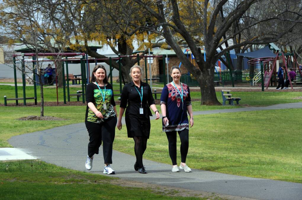 ACTIVE: Northern Grampians Shire staff Julie Westwood, Amber Ricks and Amy Rhodes walk around Cato Lake last month for Steptember. Picture: PAUL CARRACHER
