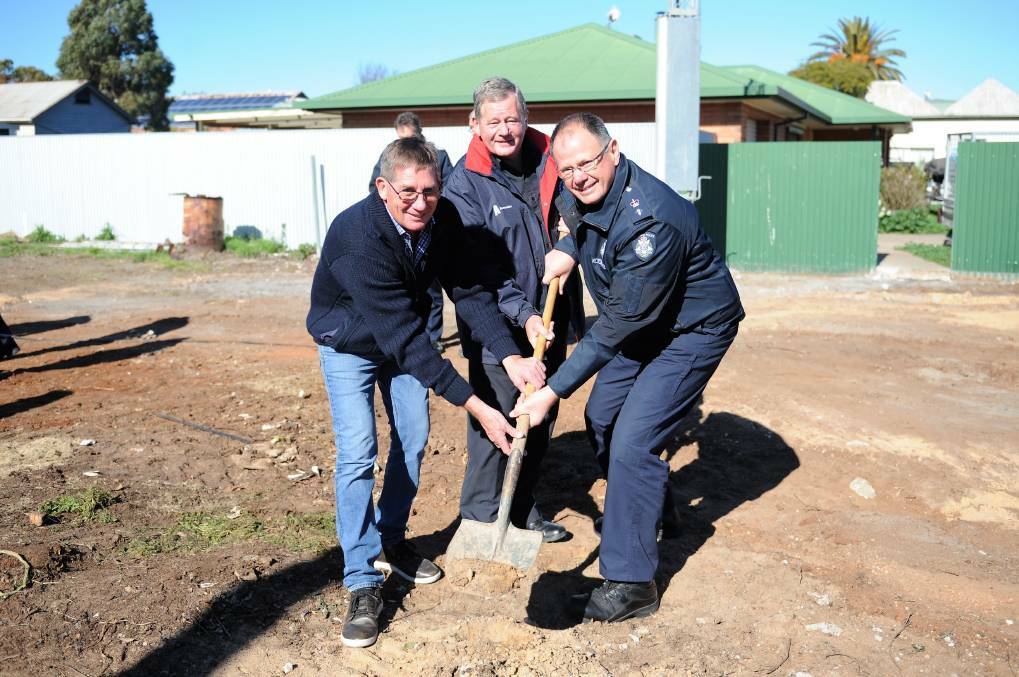 Murtoa Police Station builder David Delahunty, Blue Ribbon Foundation vice-president Dale Russell and Wimmera Superintendent Paul Margetts turn the first sod at the station last year.