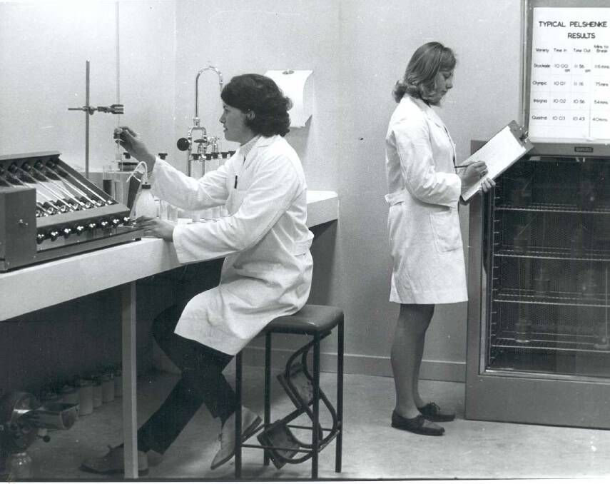 Barbara Farr (nee Kane) and Leonie Wilsch (nee Tepper), Lab Assistants doing
plant breeding quality tests in 1968. Picture: ALLAN MCINTYRE