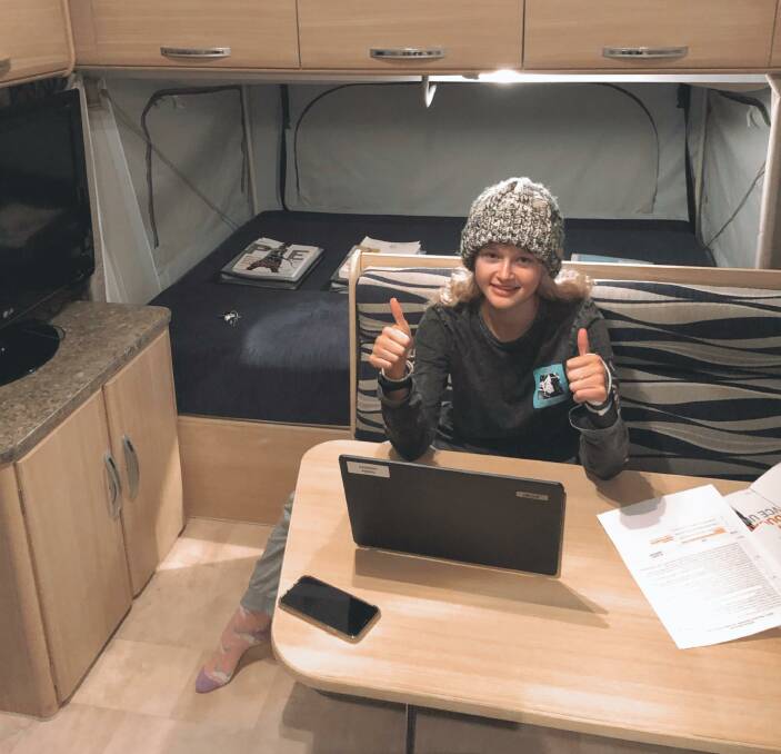 WORKING HARD: Kaniva College year 12 student Gabby Hodges has made the most of her family's caravan to get study done.