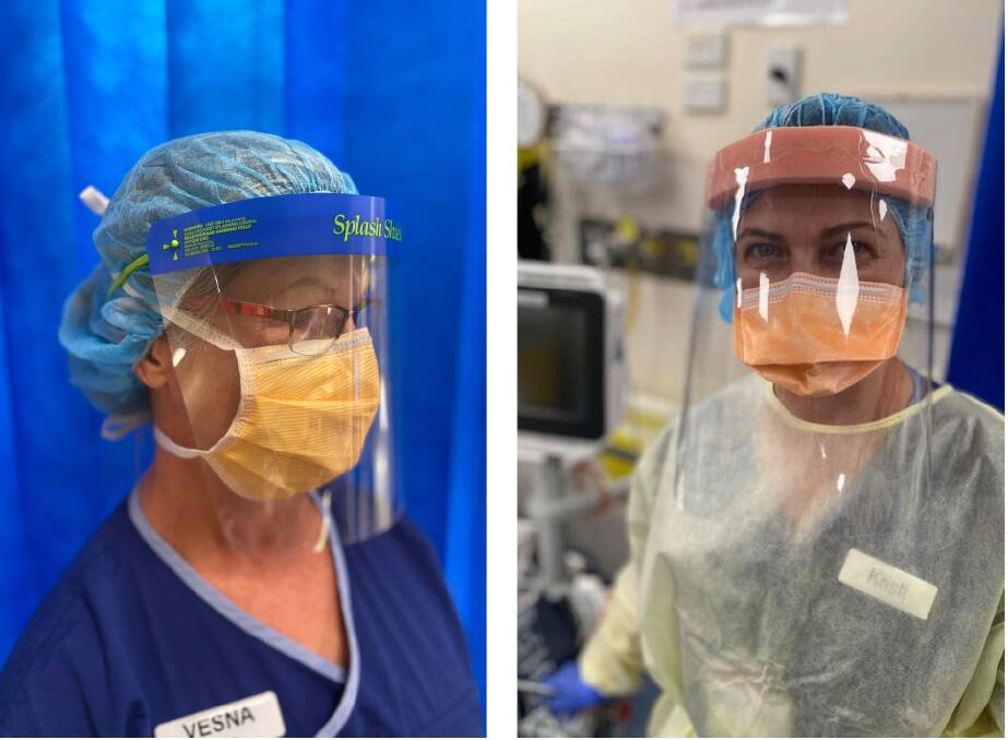 On the left is a nurse wearing the stock-standard face shield, while on the right the nurse is wearing the new prototype in an educational setting. The prototype takes into account the preferences clinicians expressed. It covers the face fully, allowing for a surgical or N95 mask to be worn underneath. Picture: CONTRIBUTED