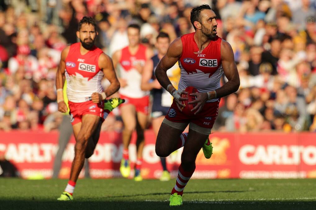 Adam Goodes in action against the West Coast Eagles on Sunday. Picture: GETTY IMAGES
