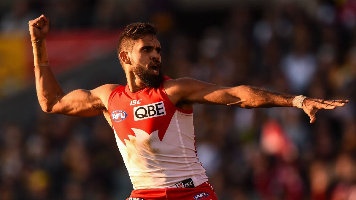 Lewis Jetta of the Sydney Swans celebrates his goal with an Indigenous Dance. PIcture: GETTY IMAGES