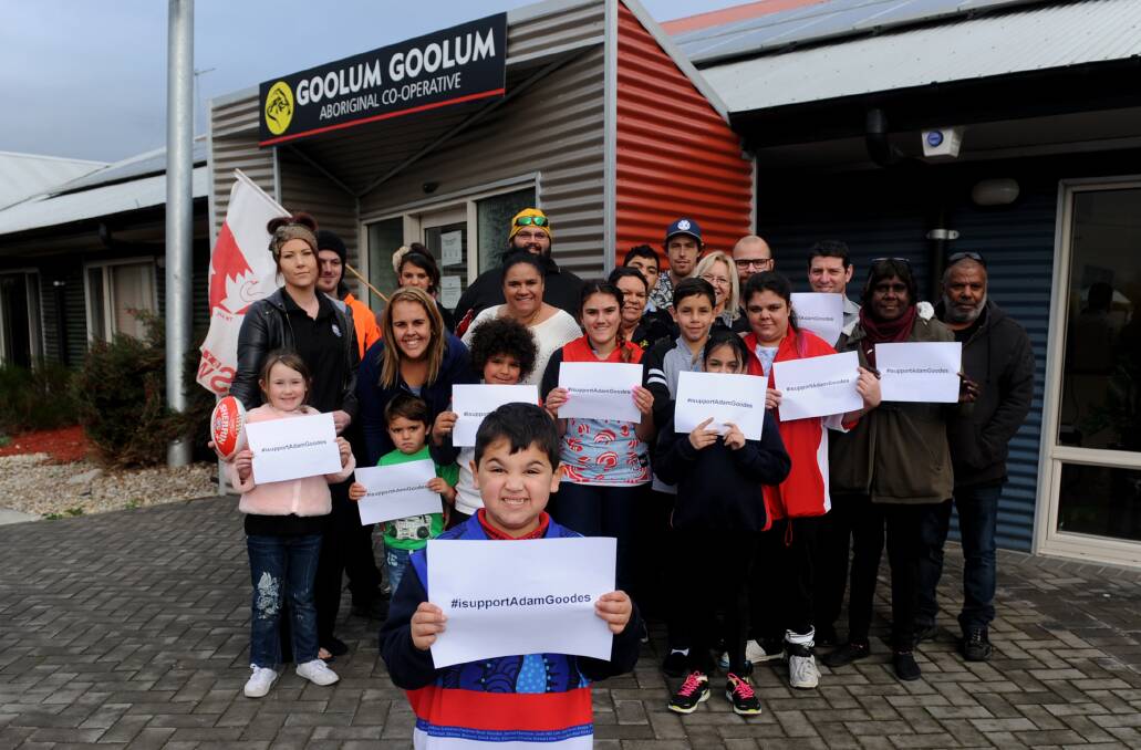 Horsham's Brody King, 6, with his family and friends in support of Adam Goodes. Picture: SAMANTHA CAMARRI