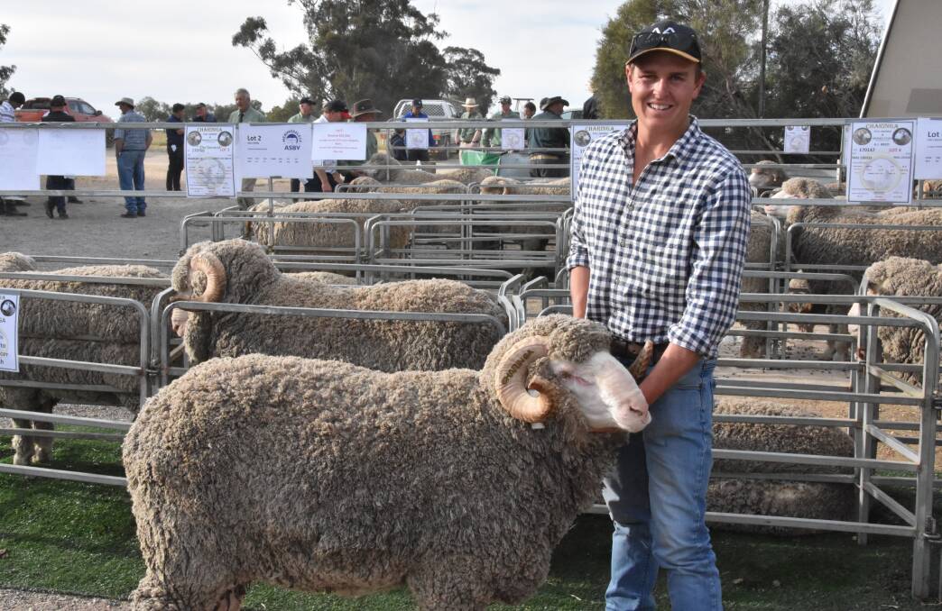 Angus Ashby, North Ashmore Merino Stud, Gulnare, South Australia, was a happy buyer at the Charinga / Banavie sale on Monday.