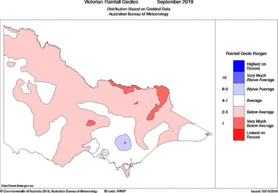 Going down: Moisture stressed crops continued to show up in more districts of below average September rain after the below average rainfall for August. Source: BoM.