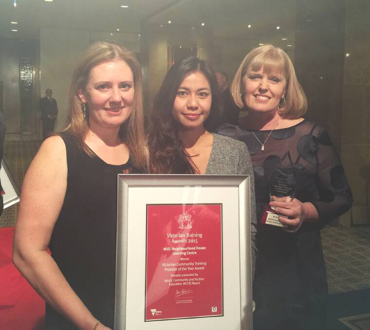 RECOGNITION: Nhill Neighbourhood House Learning Centre manager Kylee Williams, community development worker Plaw Ganemy-Kunoo and chief executive Annette Creek accepted the Victorian Community Training Provider of the Year award on Friday. Picture: CONTRIBUTED