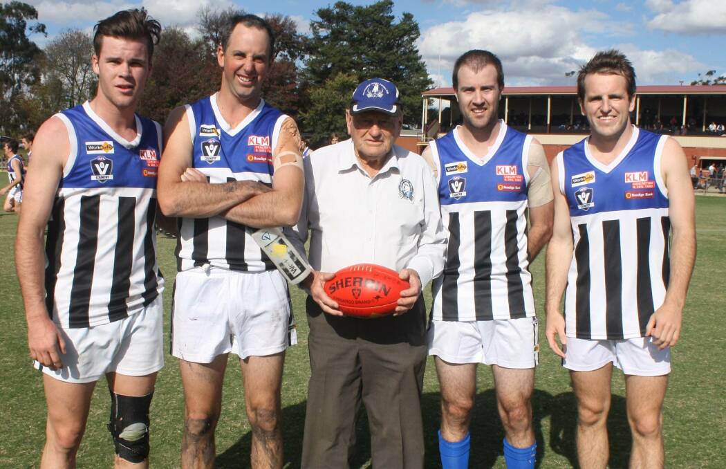 FAMILY: Brylie Cameron, Jarrod Newell, Joe Milgate and Liam Newell with grandfather, Wimmera Football League legend, Ken 'Dasher' Milgate. Picture: CONTRIBUTED