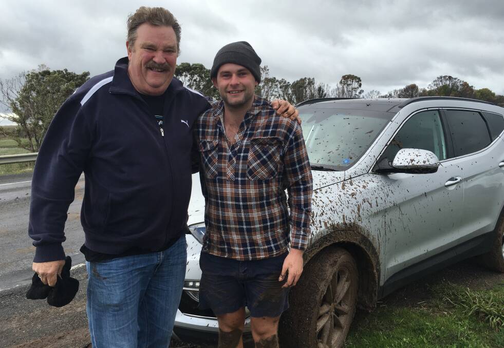 Geoff 'Coxy' Cox, host of TV travel show Coxy's Big Break, poses for a photo with Ben Brooksby, who helped unbog his car. Picture: CONTRIBUTED
