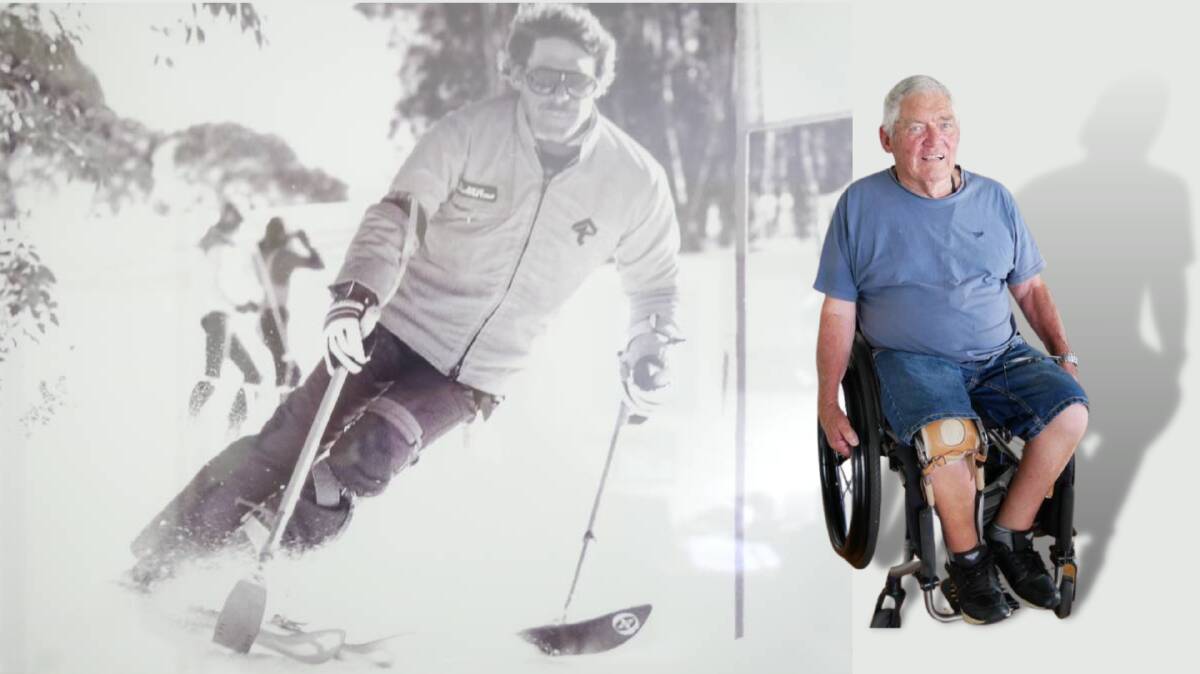 A younger Ron Finneran (left) demonstrates some of the equipment he created to assist him down the mountain, including outriggers on his arms and a knee brace on his legs. Photo: supplied