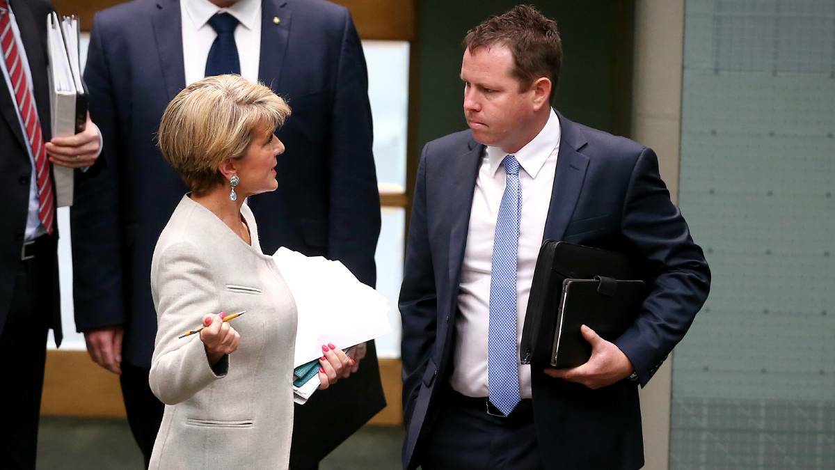 Minister for Foreign Affairs Julie Bishop and Nationals MP Andrew Broad during Question Time at Parliament House in Canberra in October 2016. Photo: Alex Ellinghausen
