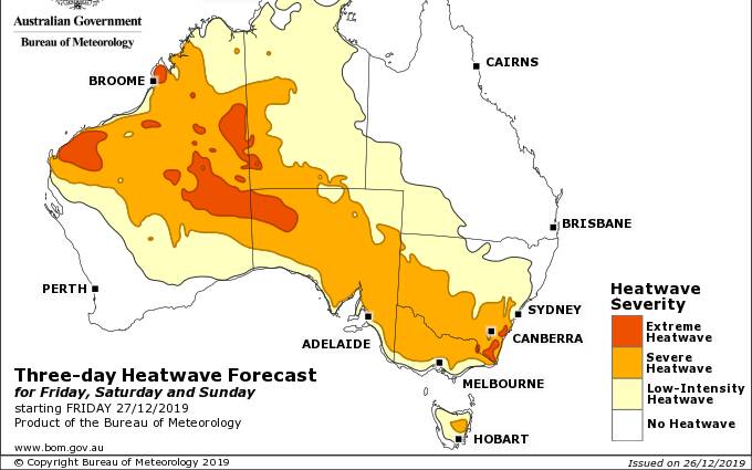 Heatwave Situation for Friday, Saturday, & Sunday. Source: Bureau of Meteorology.