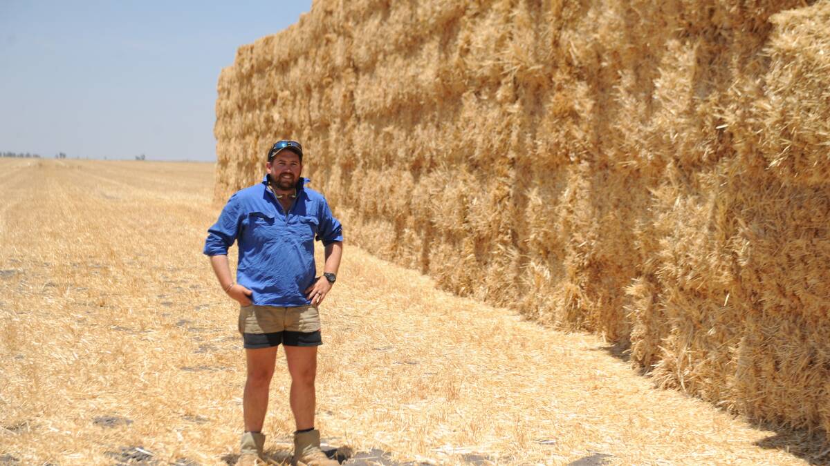 HAY, WE'RE HERE FOR YOU: Green Lake farmer Daniel Mibus with some of the Wimmera bales heading to northern New South Wales at the end of this month. Picture: ALEXANDER DARLING