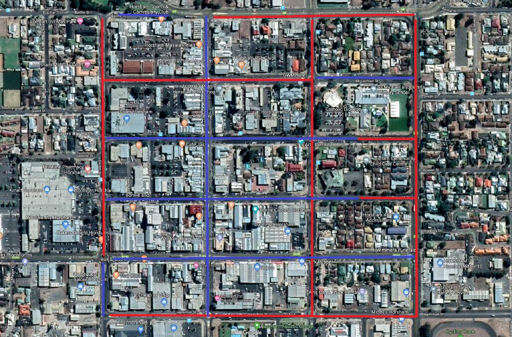 Location of parallel parking in Horsham CBD in red, angle parking in blue. Hamilton Street (not shown) has only parallel parking, while there are a handful of parallel spaces on Wilson Street west of Firebrace Street.