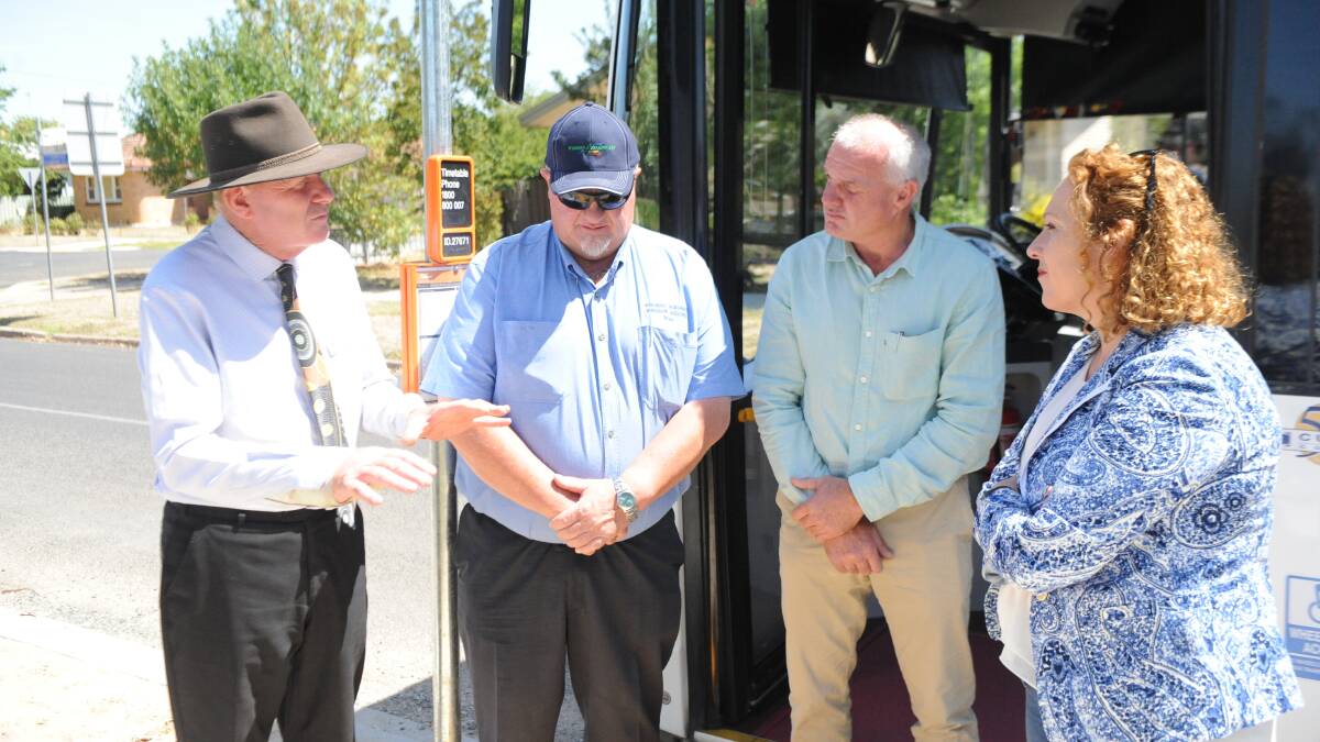 BUS CHANGES: Horsham Rural City mayor Mark Radford with Wimmera Roadways' Bruce Wylie and Leigh McGinty and Victorian Public Transport Minister Melissa Horne on Wednesday. Picture: ALEXANDER DARLING