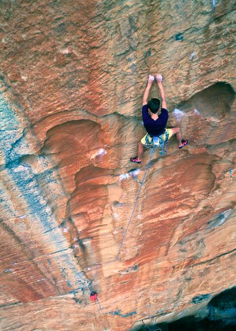 MORE ASSESSMENT NEEDED: Sean James on Serpentine, a climb at Taipan Wall in the northern Grampians which remains under review. Picture: GLENN TEMPEST
