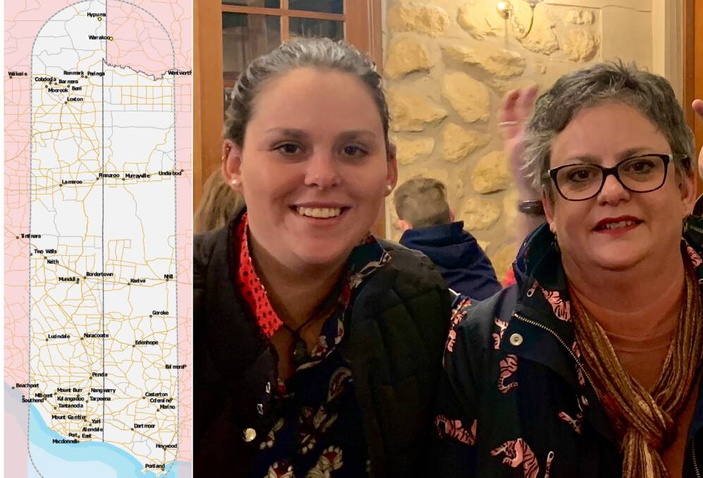 DRAWING CLOSER TO NORMAL LIFE: The 70-kilometre South Australia-Victoria border zone and Naracoorte's Laurel and Kirsty Lees. Pictures: CONTRIBUTED