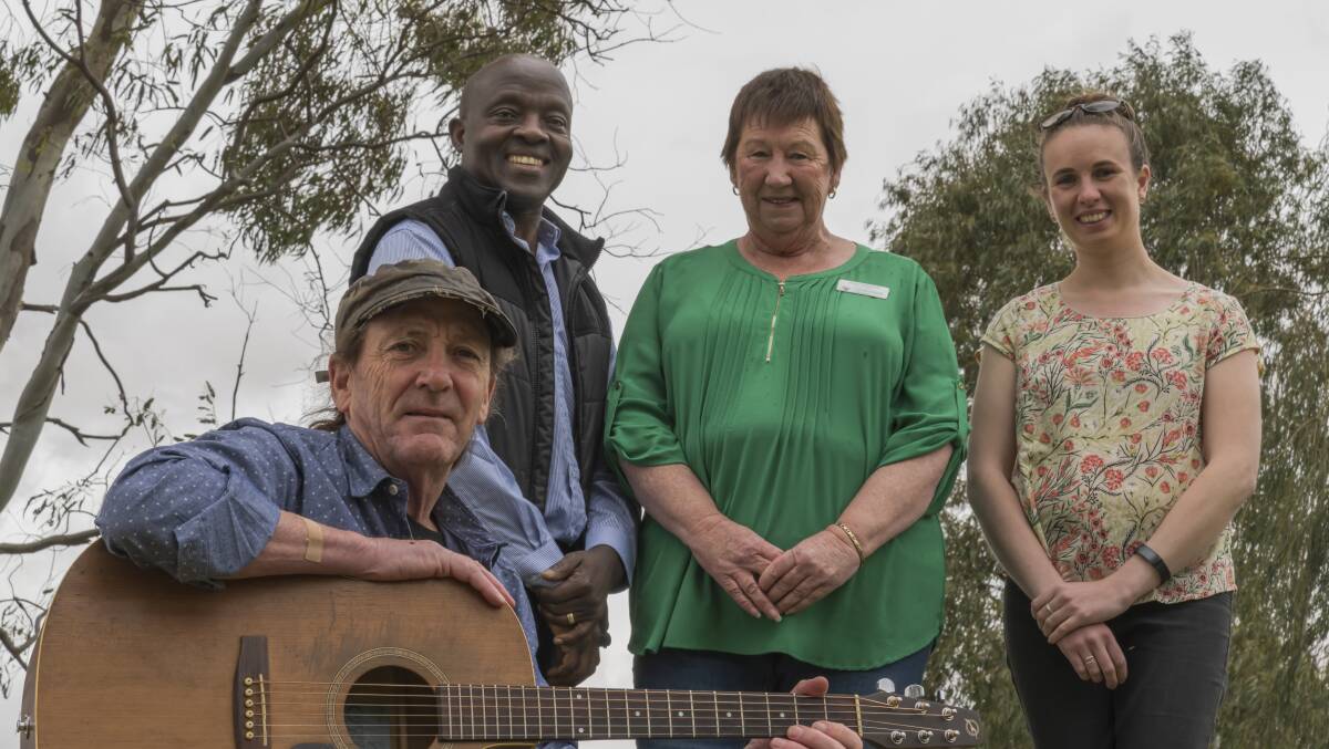 MALLEE MEDLEY: Hopetoun musician Maurice Conway with Richard Morfaw, Yarriambiack councillor Helen Ballentine and Wimmera Mallee Tourism's Lauren McBriarty. Picture: CONTRIBUTED (SHANE ROBERTS)