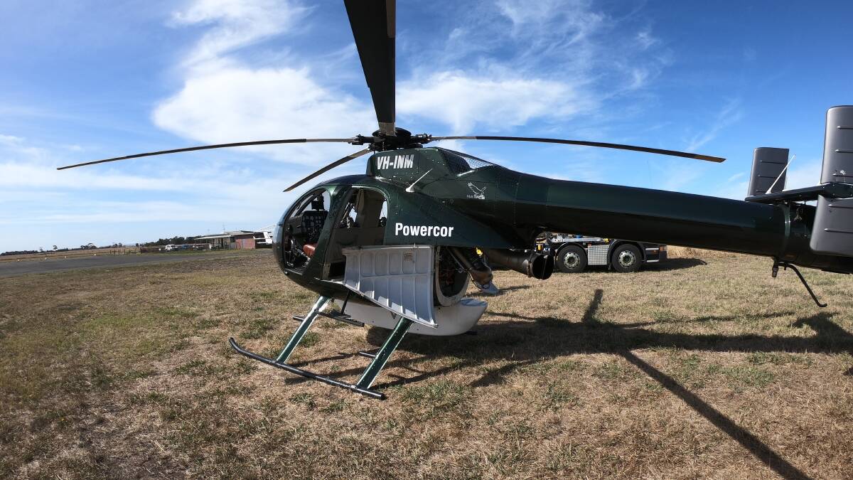 EYE IN THE SKY: Aerial surveying organisation Hawcs has been contracted by Powercor to inspect the powerlines. Flying at 400ft, their 'notar' helicopter has no tail rotor. Picture: CONTRIBUTED