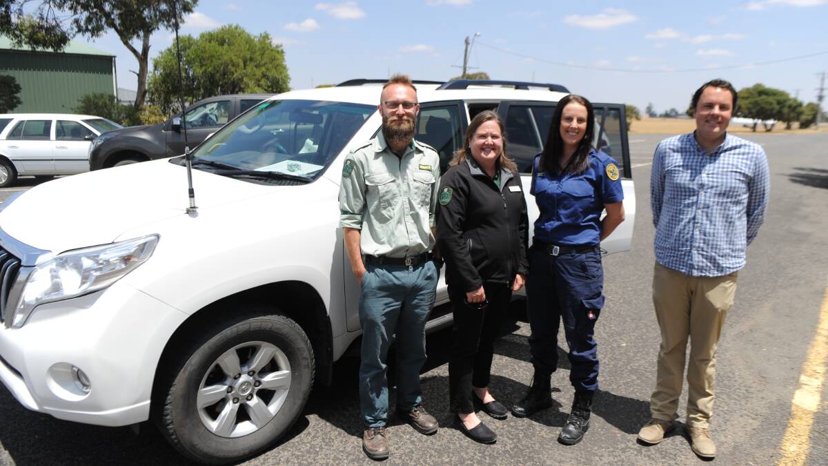 LENDING THEIR EXPERTISE: Forest Fire Management Victoria's Shaun Parnaby, Danielle Leehane and Darcy Prior with (second from right) SES supply officer Lauren Hawkins. Picture: ALEXANDER DARLING