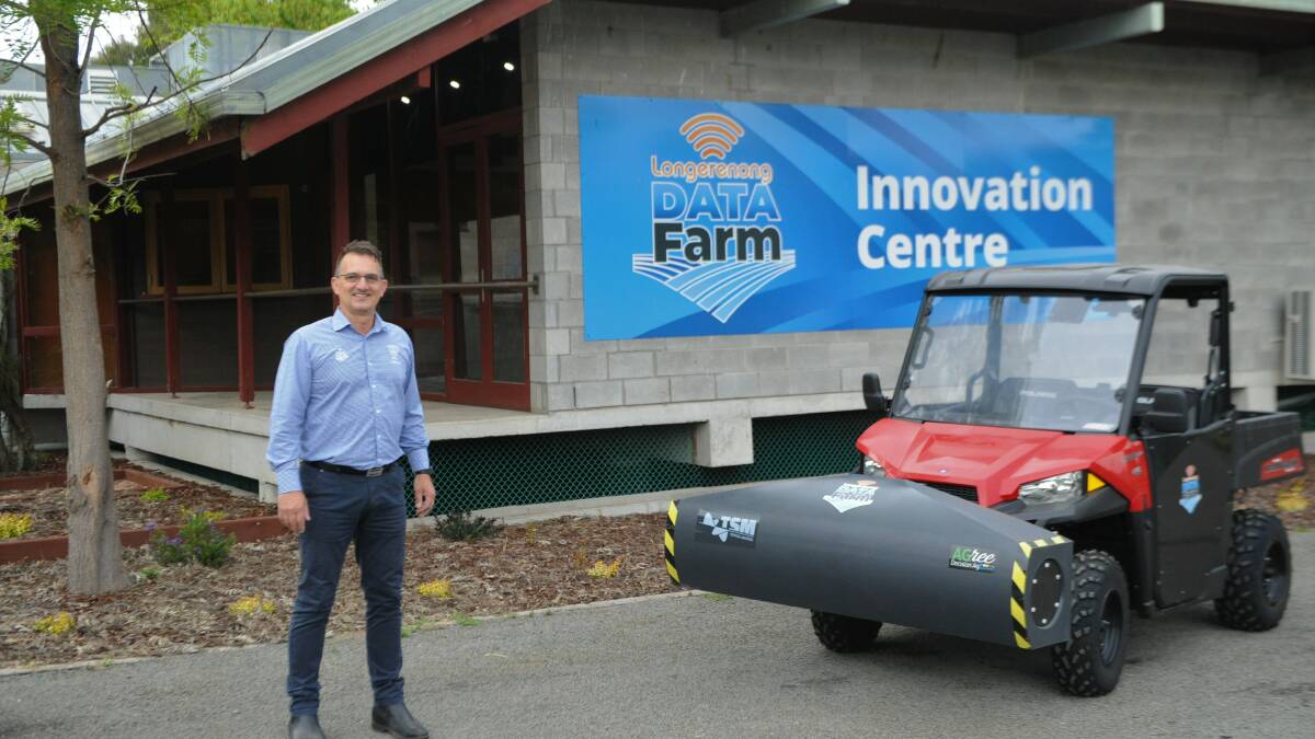 Longerneong Agricultural College's Bryan Matuschka at the new DATA Farm office, with a topsoil screening vehicle that the farm will use. Picture: ALEXANDER DARLING