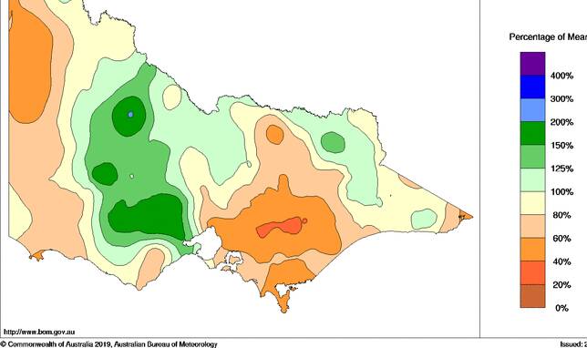 The rainfall in Victoria for the month to date. Image courtesy of Bureau of Meteorology.