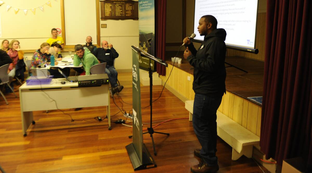 GATHERING IDEAS: Parks Victoria's manager of park planning operations Joshua Chikuse addresses the meeting. Picture: ALEXANDER DARLING