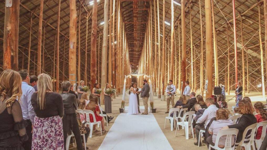 STICK-ING TOGETHER: Daniel and Karla Gibson were married at the Murtoa Stick Shed in September. Picture: ROSS BARLOW 