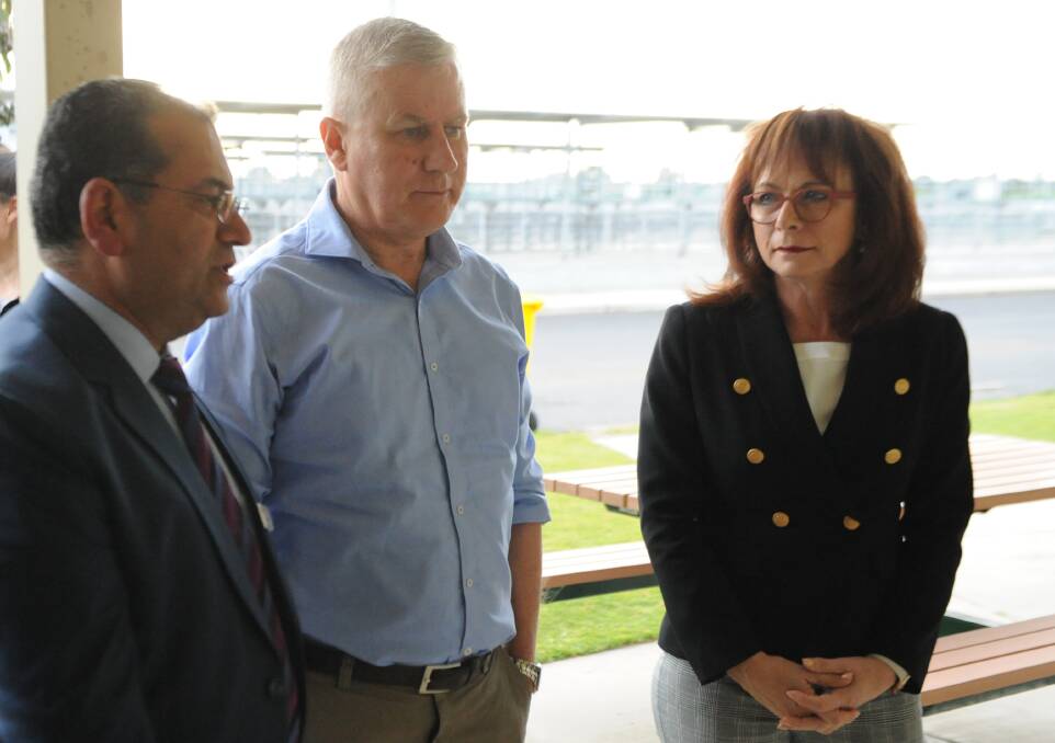 ON THE HUSTINGS: Member for Mallee Anne Webster, right, talks to Horsham Rural City Council chief executive Sunil Bhalla and Deputy Prime Minister Michael McCormack. Picture: ALEXANDER DARLING