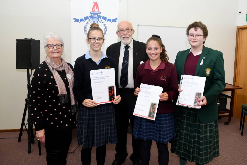 WINNERS: Wimmera Legatee Margaret Woodford, winner Zara Clark, Nhill College, Wimmera Legacy Club president Neville Smith, winner Milla Searle, Ouyen P-12 College, and runner-up Mikayla Sotiriadis, St Brigid's College. Wimmera Legacy Club Junior Spearking Competition. Picture: SAMANTHA CAMARRI