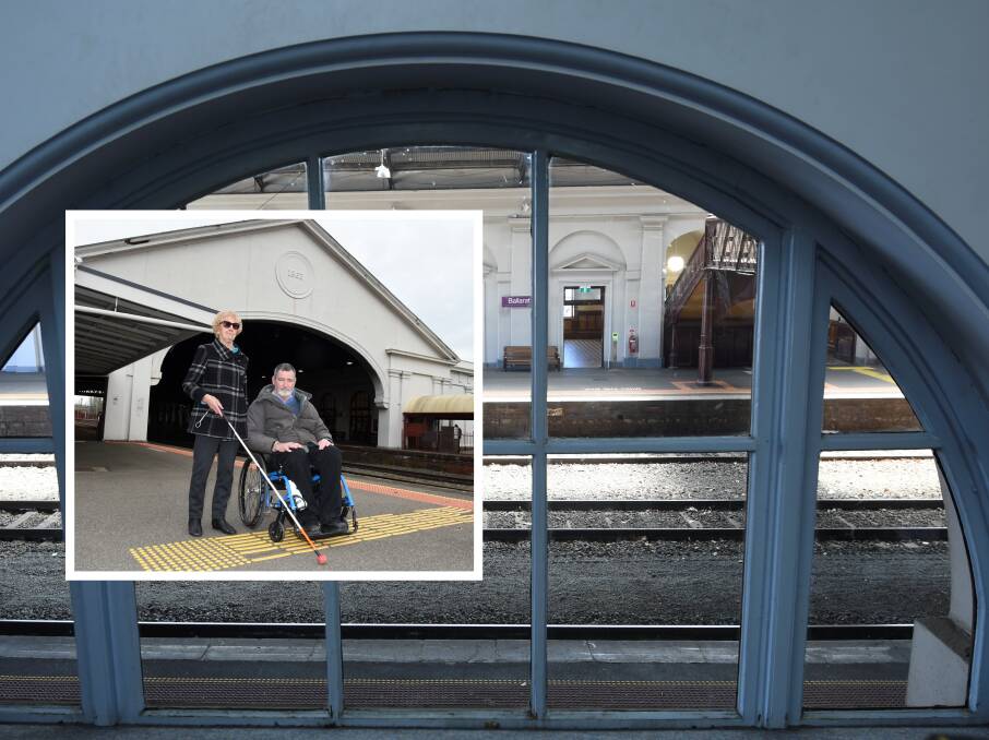 No access: People living with a disability have no easy way of swapping platforms at Ballarat train station. Inset, Shirley Mitchell and GdA board member Mark Thompson in June. Pictures: Lachlan Bence and Kate Healy