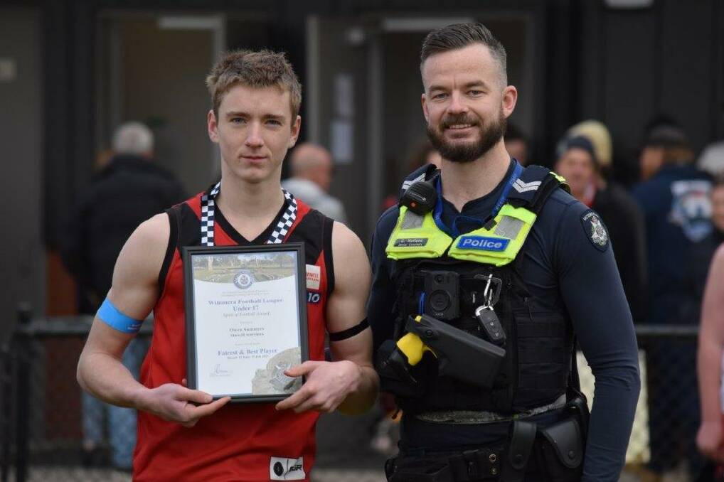 Stawell Warriors' Owen Summer with Stawell Police Officer member Senior Cameron Holland. Picture supplied