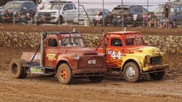 Jaryd Carmen and Fletcher Mills battle it out in the V8 Trucks. Picture by Tanya Eastwood