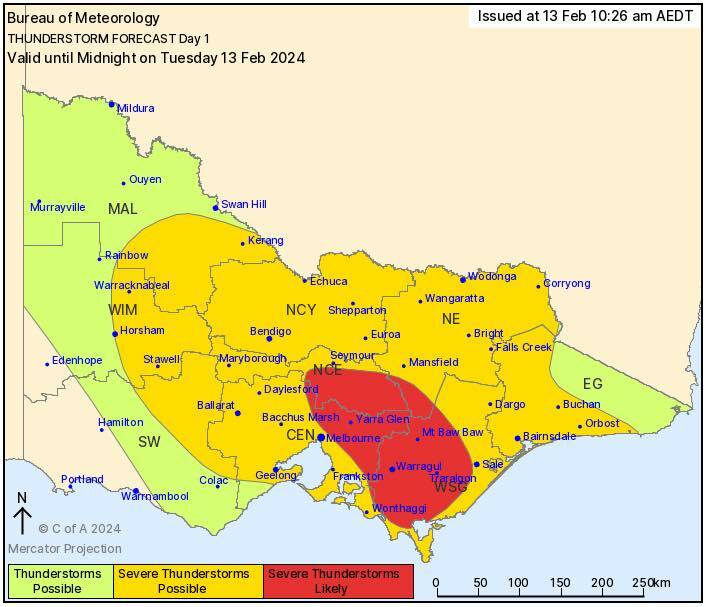 The SES issued a warning for Victoria, advising severe thunderstorms are likely to occur on Tuesday, February 13. Picture supplied