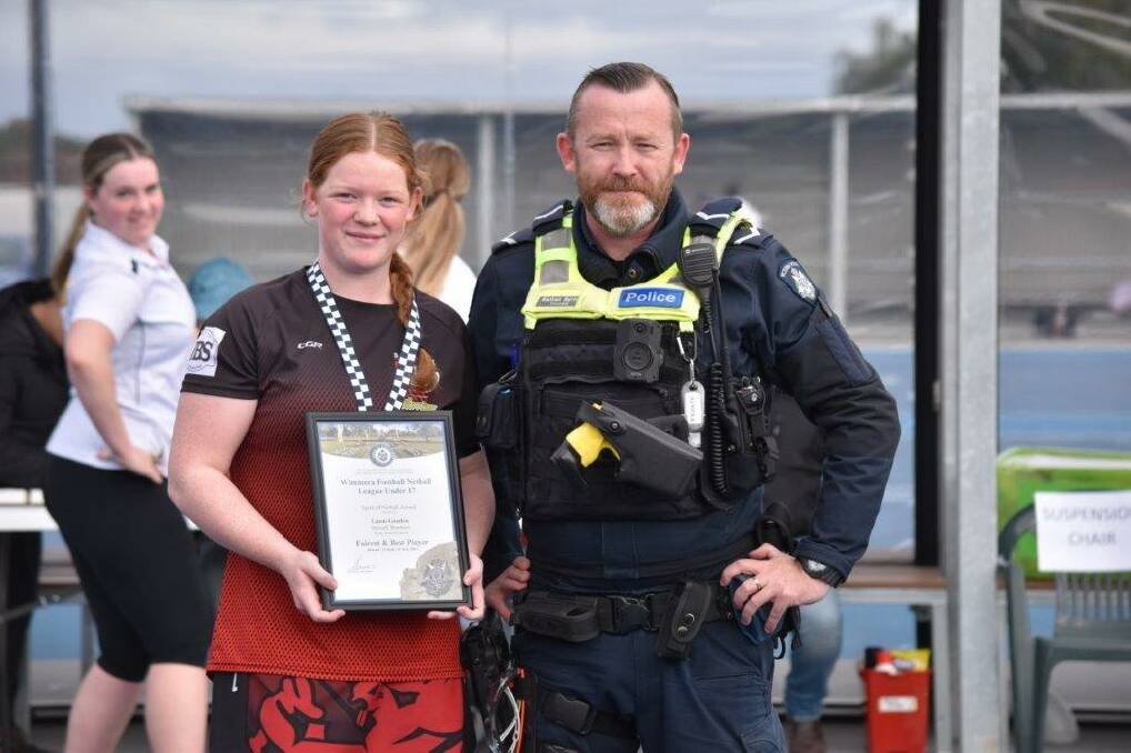 Stawell Warriors' Larni Goodall with Stawell Police Officer First Constable Nathan Byrne. Picture supplied