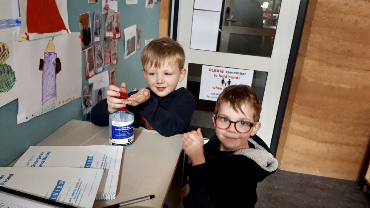 Quick learners: Kaiden Jowett (left) and Taite Ross are practicing good hygiene whilst at Kalkee Road Kindergarten. Picture: SUPPLIED