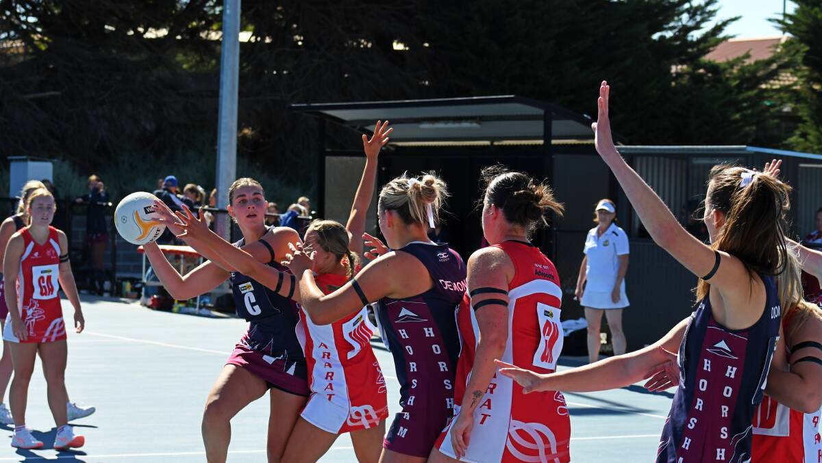 It was a crowded shooting circle at time during the Ararat and Horsham A Grade netball contest. Picture by Ben Fraser