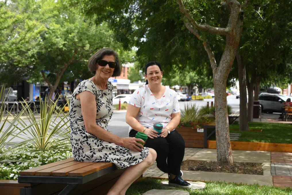 Serenity: Horsham Rural City Council mayor Robyn Guille and Cr Penny Flynn enjoy a coffee in the new pop-up park on Roberts Ave. Picture: RICHARD CRABTREE