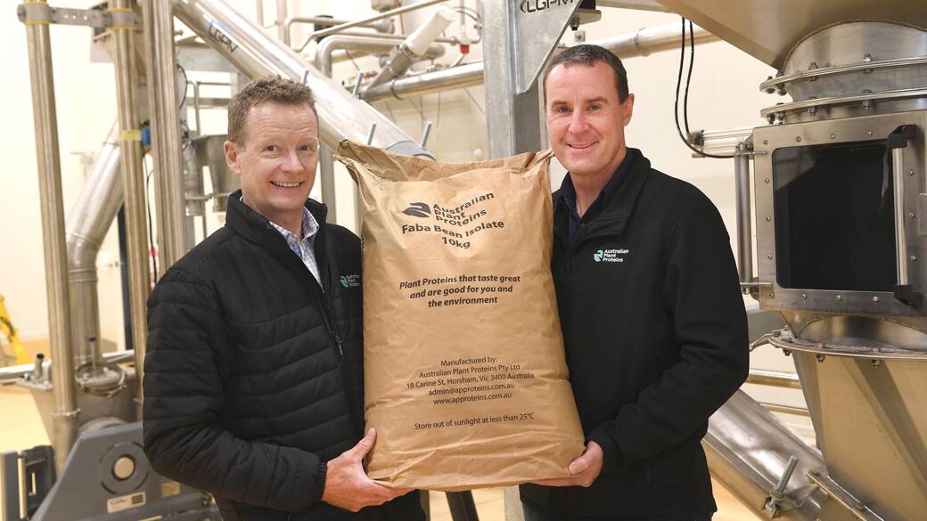 GOOD NEWS: Australian Plant Proteins co-founders Brendan McKeegan and Phil McFarlane with the first batch of protein isolate.