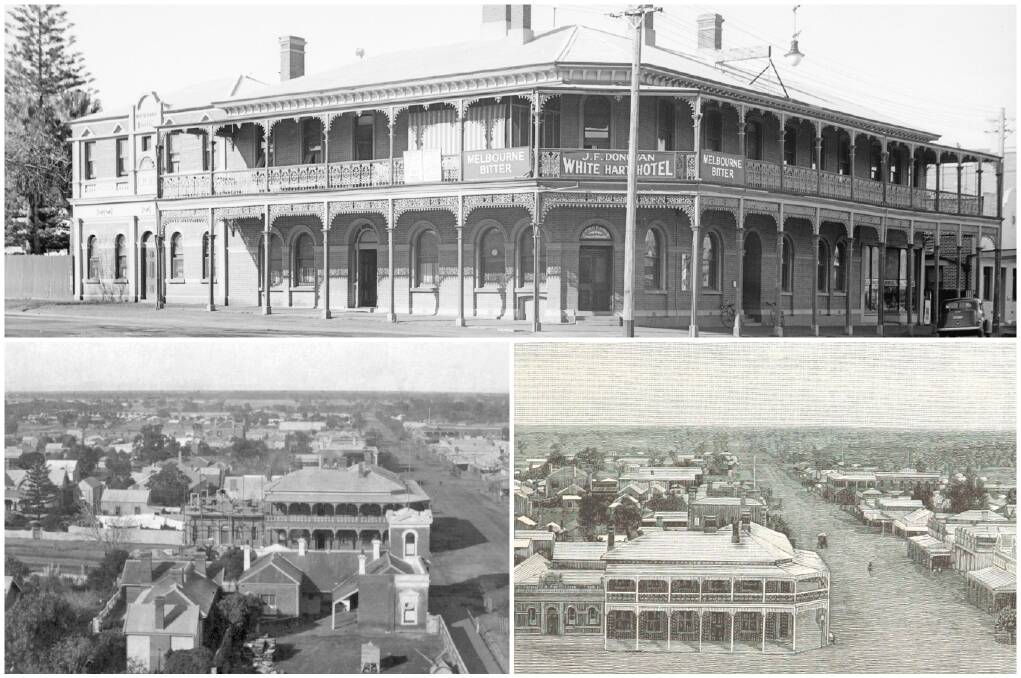 WHITE HART: South-east corner of Firebrace Street and Roberts Avenue, 1938 (top), looking south from the old Post Office Tower, 1908 (bottom left) and a lithograph of the White Hart Hotel, looking south, 1888 (bottom right).
