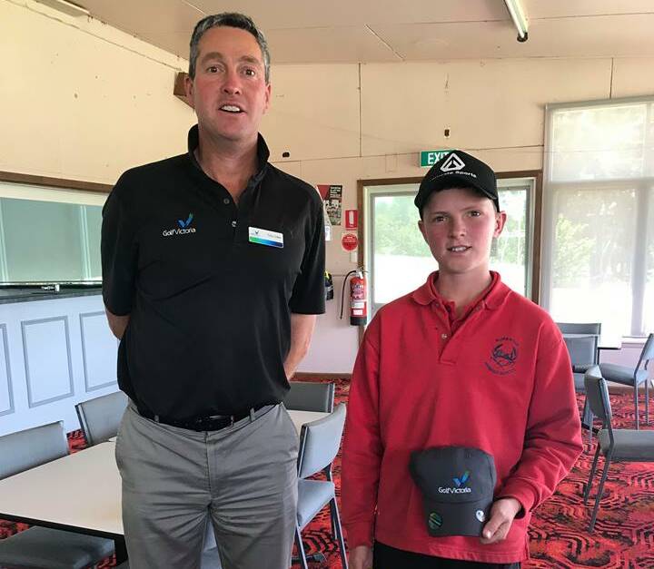 QUALIFIED: Golf Australia's Tony Collier with Connor Weidemann, the winner of the boys' division at Stawell Golf Club's first Primary School golf competition. Picture: CASSANDRA LANGLEY