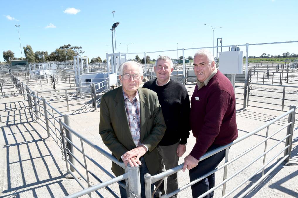 BIG VISION: Horsham Regional Livestock Exchange establishment and management committee ex-board member Bernard Gross, current board chair and councillor David Grimble and HRLE manager Paul Christopher. Picture: SAMANTHA CAMARRI