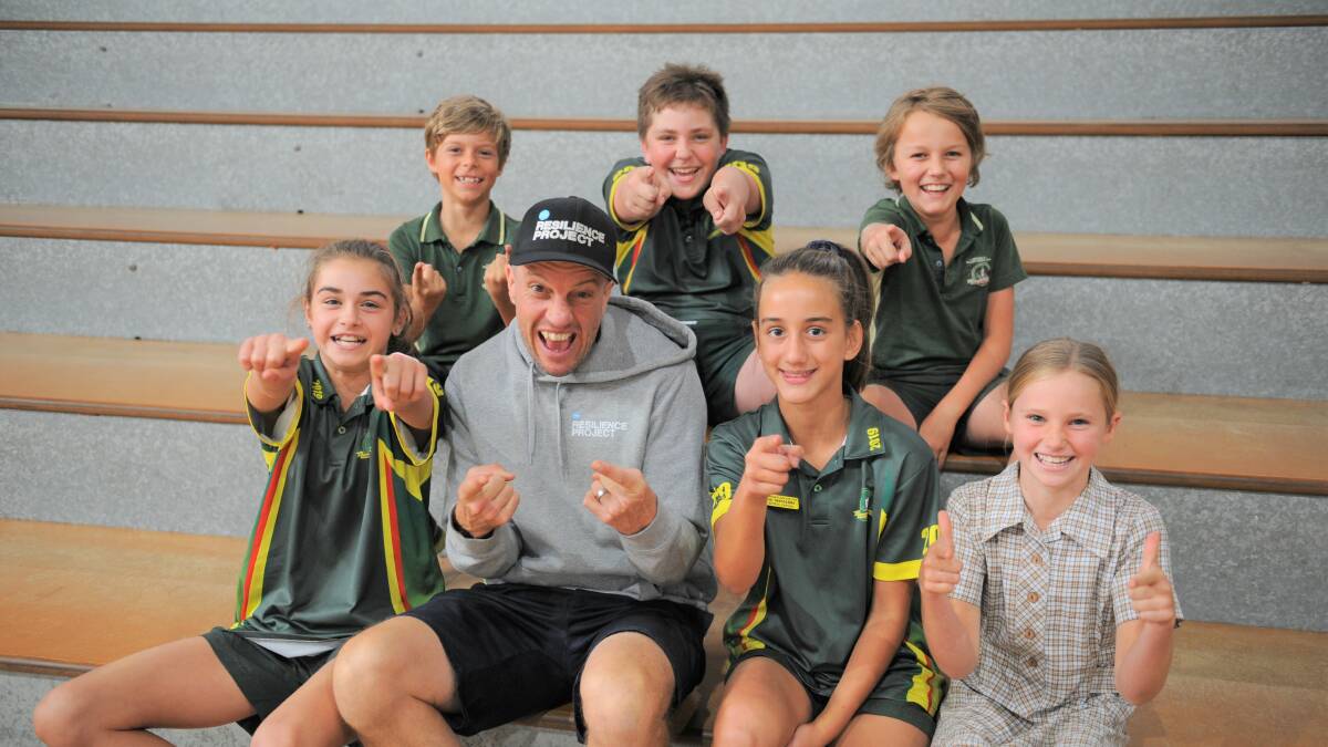 MINDFULNESS: Ss Michael and John's Primary School students James Burton, Grady McCourt, Lewis Hofmaier, Neeve Kelly, Eva Manserra and Iris Sudholz with Resilience Project's Martin Heppell. Picture: DAINA OLIVER