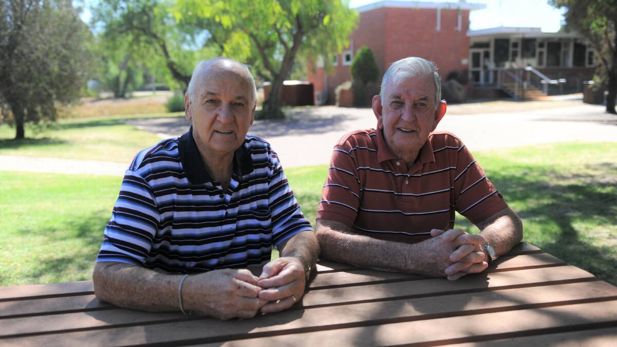 BEST FRIENDS: Nhill's Henry Berry and Natimuk's Ian Hodges celebrated 80 years of being best friends on their 80th birthday at the Natimuk Hotel with family on Thursday. Picture: DAINA OLIVER 