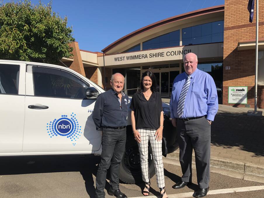 HIGH-SPEED: NBN local manager Graham Sawyer with West Wimmera Shire Council Mayor Jodie Pretlove and chief executive David Leahy. Picture: CONTRIBUTED