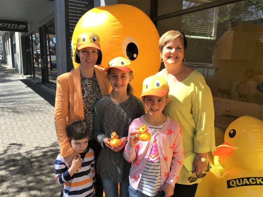 DUCK TIME: Harvey O'Donnell, Member for Lowan Emma Kealy, Eva Manserra, Sienna Manserra and mayor Pam Clarke at the Great Wimmera River Duck Race launch. Picture: DAINA OLIVER